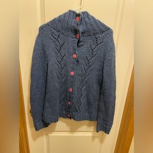 Homemade Hand-knit blue sweater with pink buttons, size medium/large